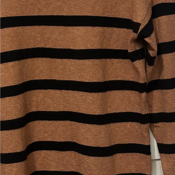 LOFT Camel/Tan and Black Striped Crew Neck Sweater with Button details . - Picture 7 of 13